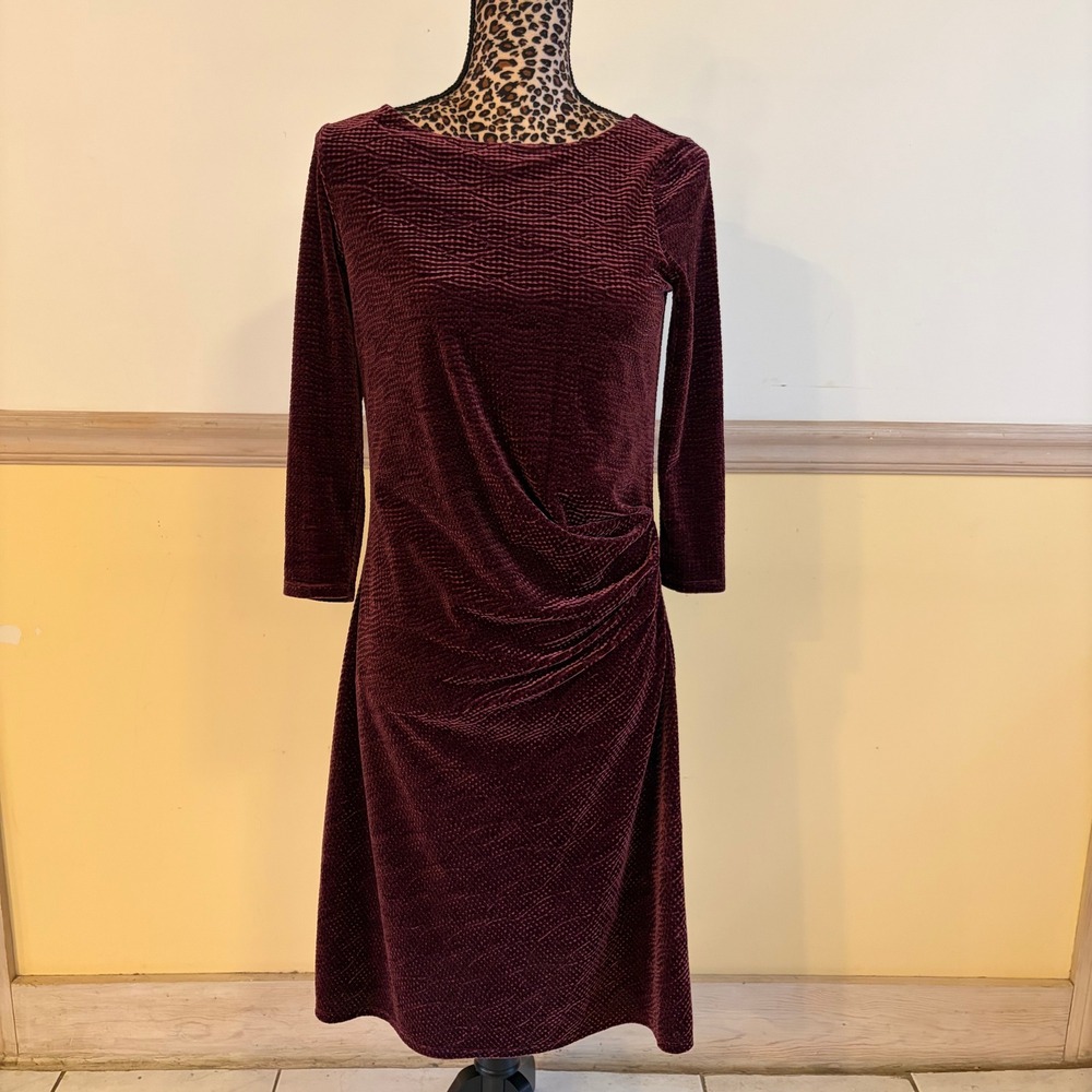 NIC+ZOE Wmns Burgundy Textured Velvet Ruched Side Sheath Dress Size S 3/4 Sleeve